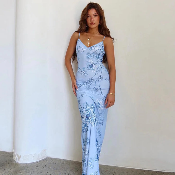 Levoire | Robe Sans Manches À Imprimé Floral En V Bleu