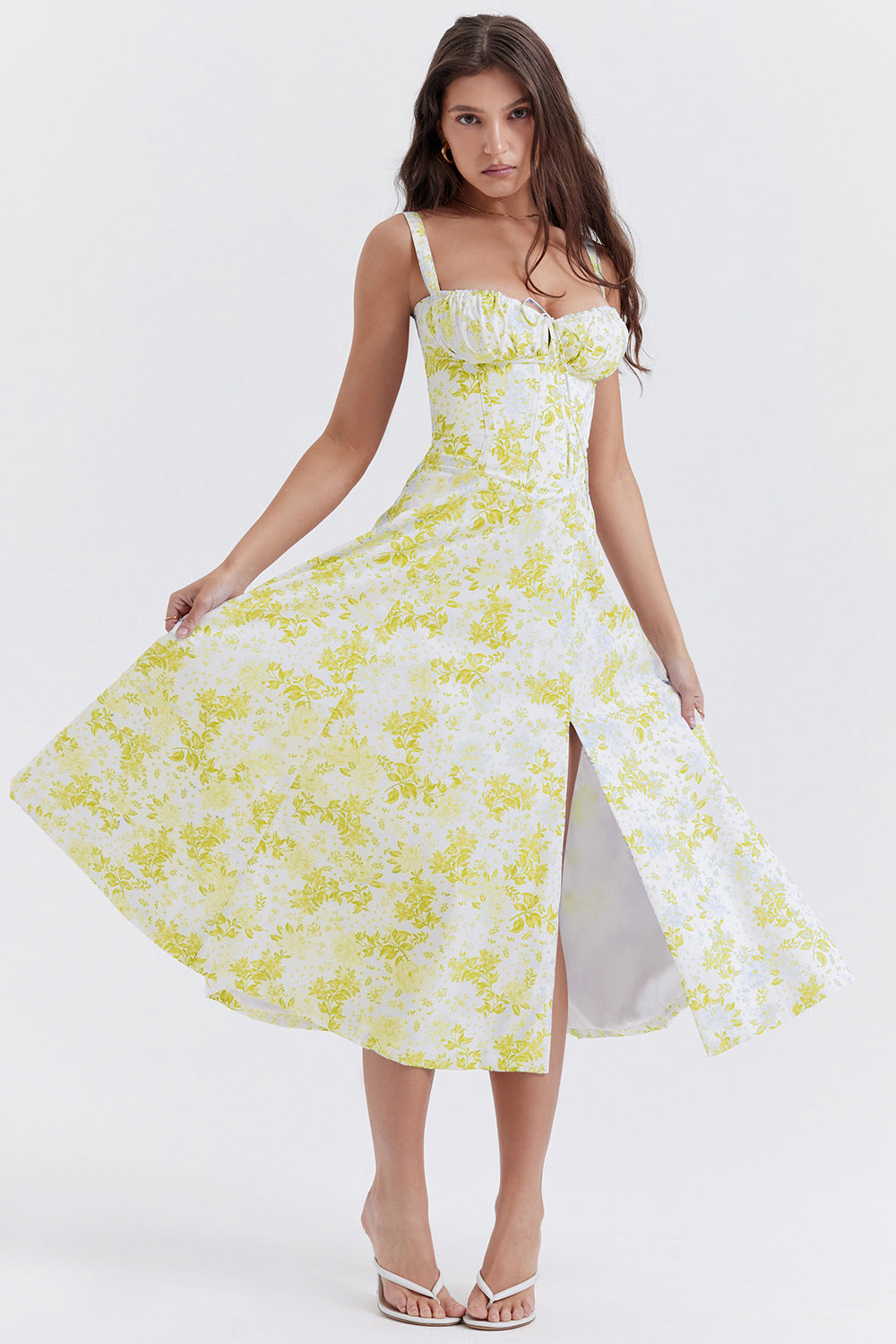 Levoire | Robe fleurie à bretelles pour femmes intemporelle Style floral blanc et jaune
