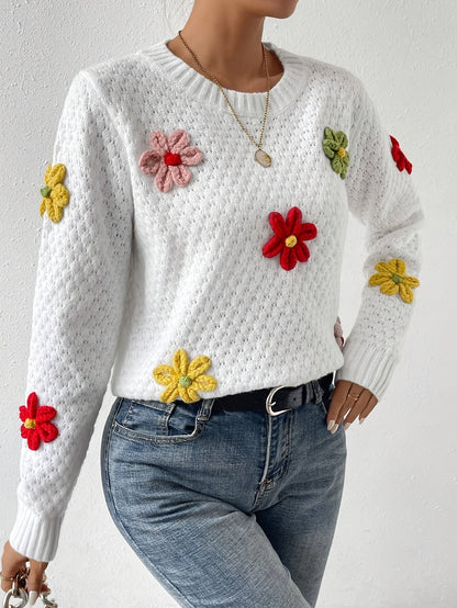 Levoire | Pull En Maille Avec Col Rond Et Motif Floral Blanc
