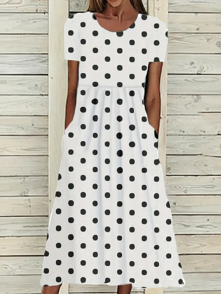 Levoire | Robe Courte À Manches Courtes, Légère, À Pois Avec Col Rond Blanc