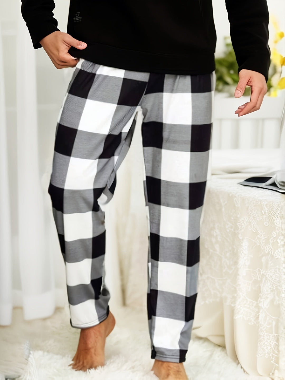 Levoire | Pantalon Décontracté À Motifs Pour Hommes Noir et blanc à carreaux