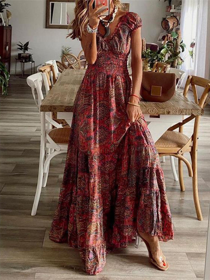 Levoire | Robe à manches courtes avec col en V et imprimé fumé en taille réelle Rouille