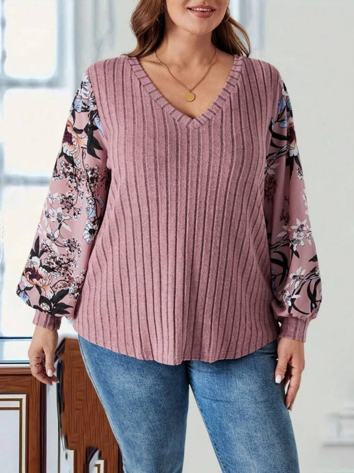 Levoire | Taille plus T-shirt à manches longues imprimé col en V Poussière Rose Clair