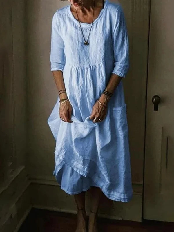 Levoire | Robe à col ras du cou à manches 3/4 en lin mélangé Bleu clair