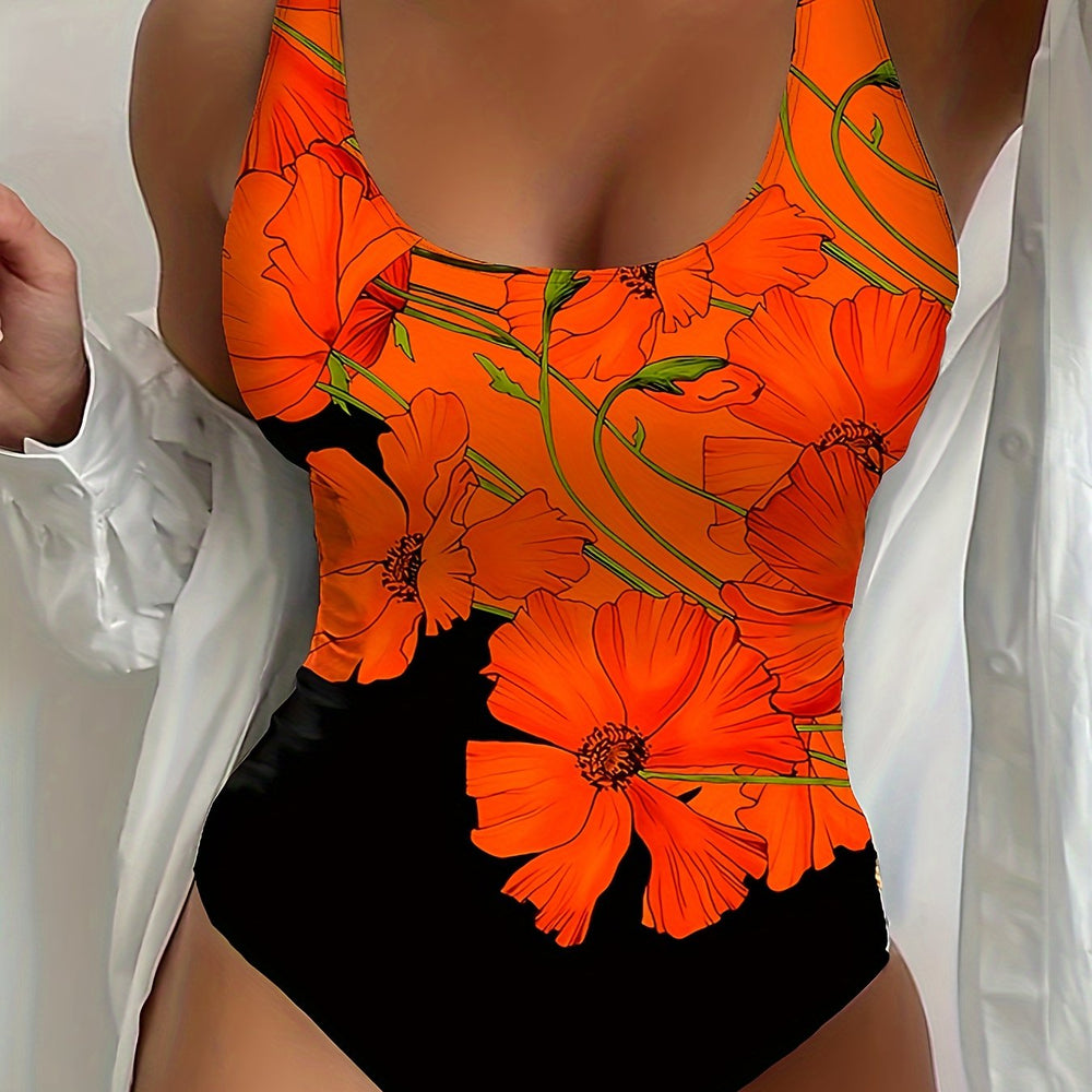 Levoire | Maillot De Bain À Motifs Floraux Orange Et Noir Uni Avec Dos Ouvert