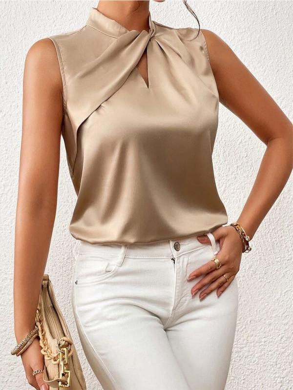 Levoire | Blouse Élégante Sans Manches En Satin Avec Col Tourné Pour Femmes Or