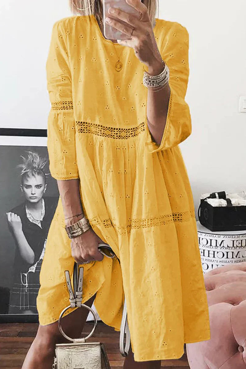 Levoire | Robes jupe pastel décontractées en patchwork uni à col rond Jaune