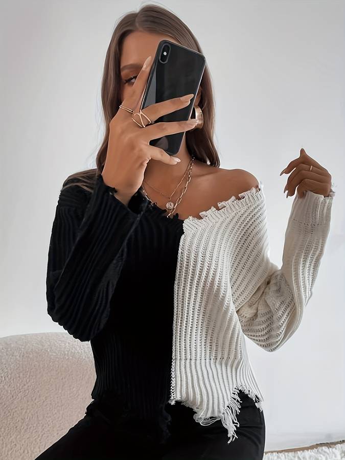 Levoire | Pull À Tricot Bicolore Avec Un Look Ébréché Noir-Blanc