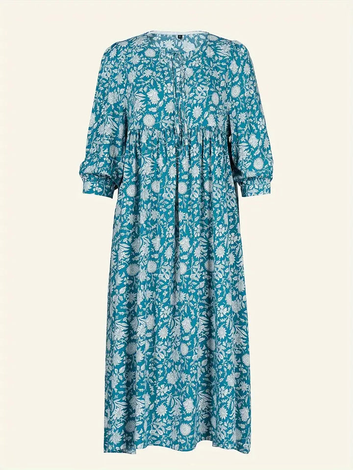 Levoire | Robe Maxi Boho Décontractée Avec Noeuds Décolleté En V Et Manches Courtes Bleu + Blanc Clair