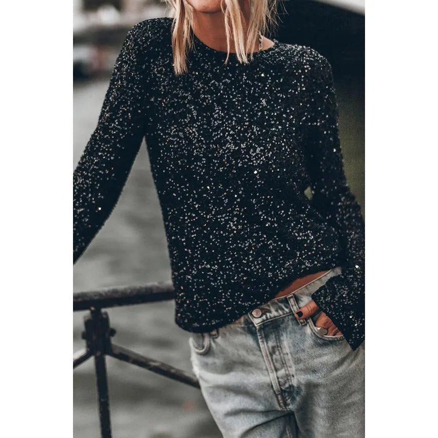 Levoire | Blouse à col rond en sequins à manches longues Noir
