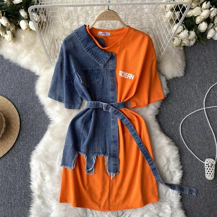 Levoire | Robe en denim patchwork à encolure ronde Orange Rouge Une taille