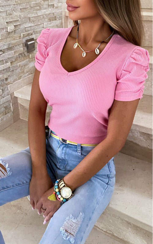 Levoire | T-shirt à manches courtes avec poches élastiques, encolure en V, pour femmes Rosa