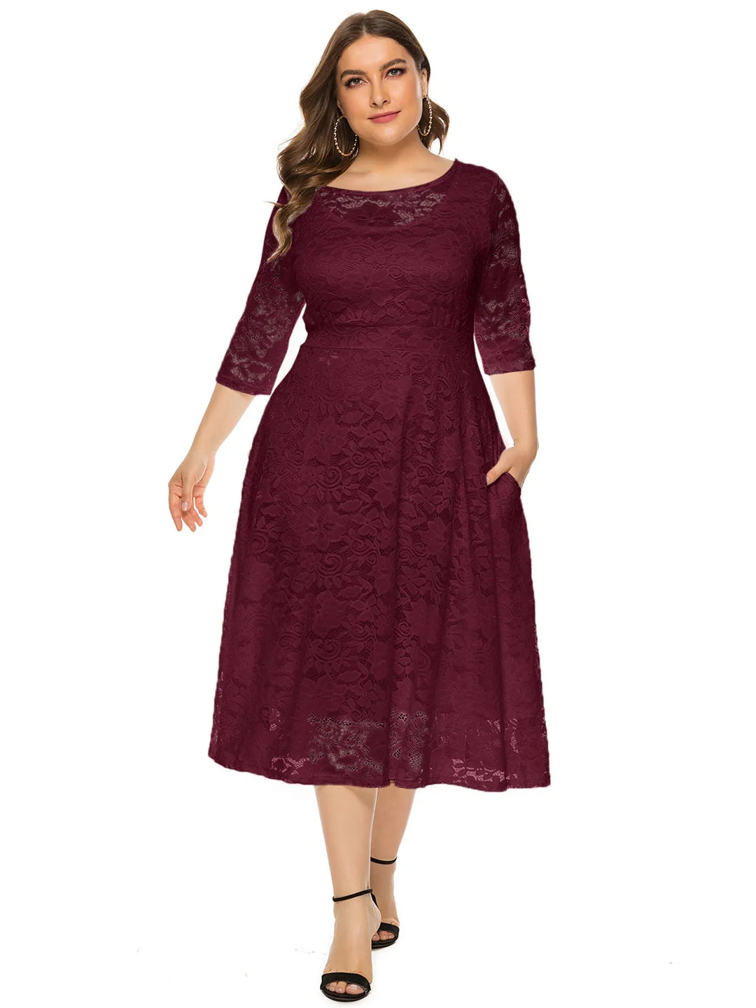 Levoire | Robe En Dentelle Pour Femmes Robe Longue Avec Dentelle Contrastée Bourgogne