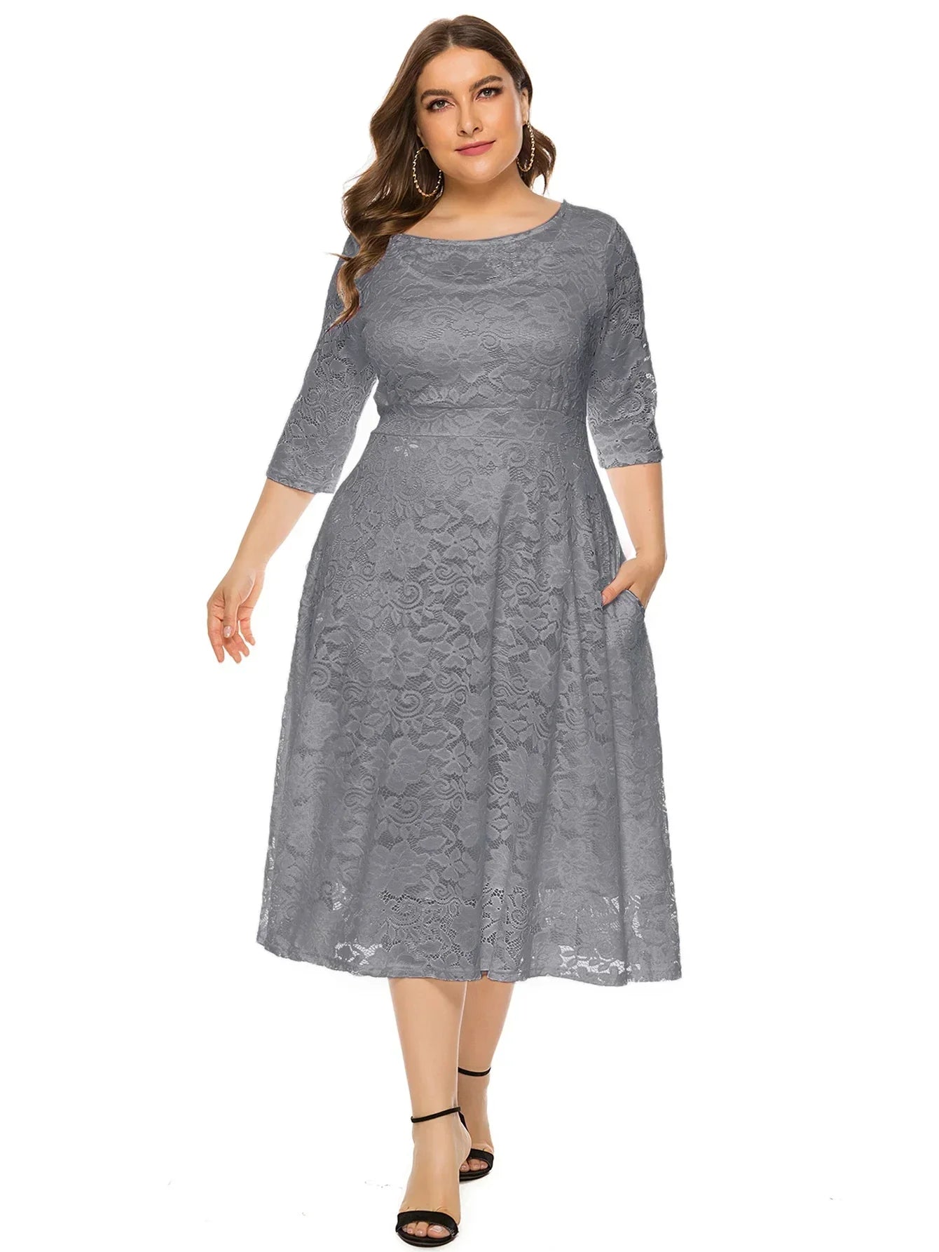 Levoire | Robe En Dentelle Pour Femmes Robe Longue Avec Dentelle Contrastée Gris