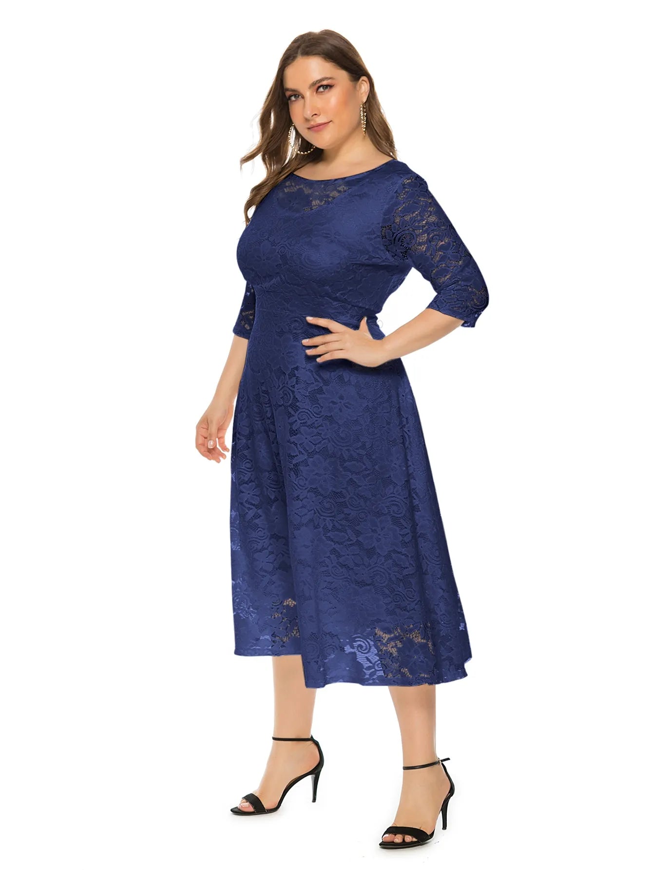 Levoire | Robe En Dentelle Pour Femmes Robe Longue Avec Dentelle Contrastée Bleu marine