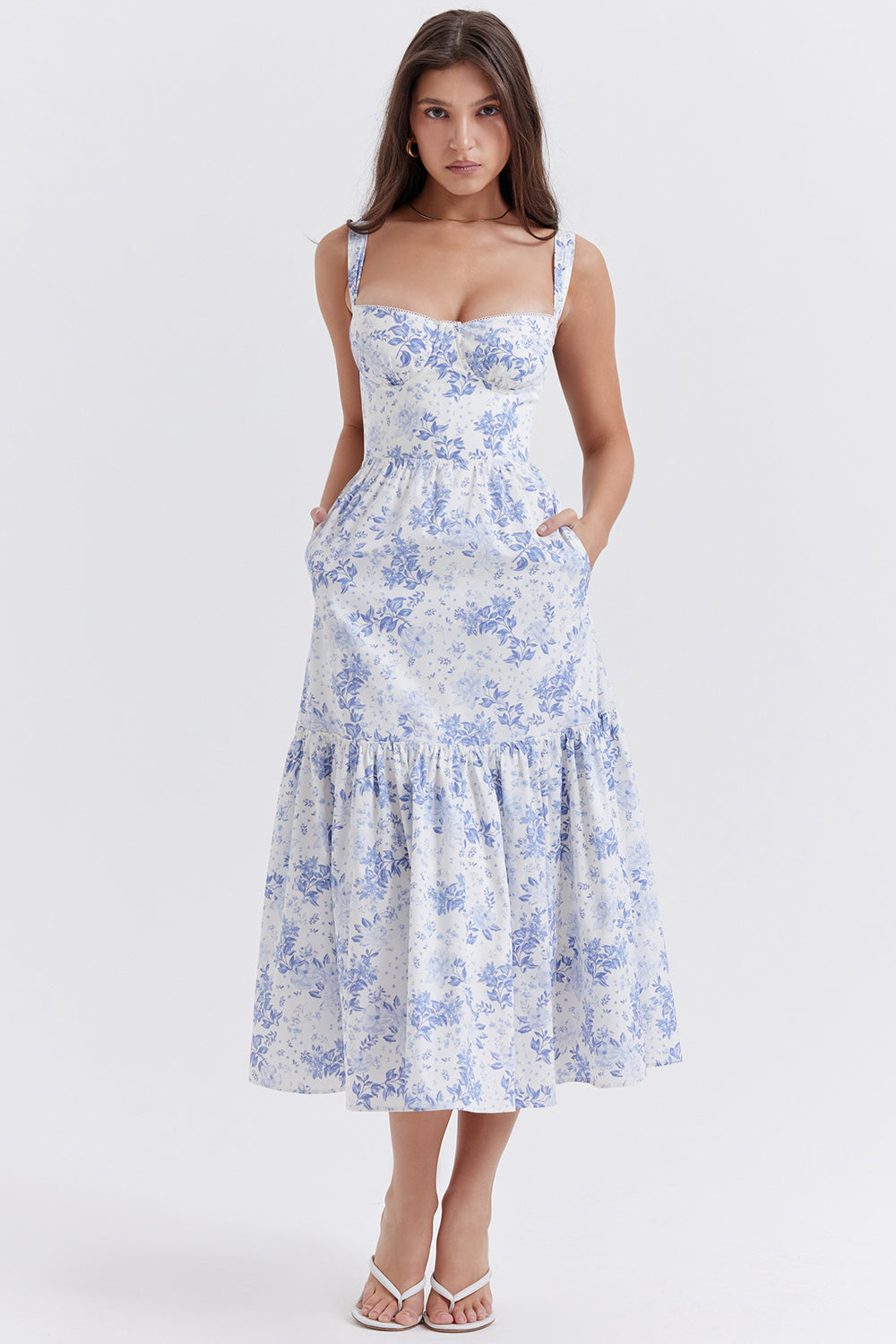 Levoire | Robe Midi À Fleurs Pour Femmes Bleu