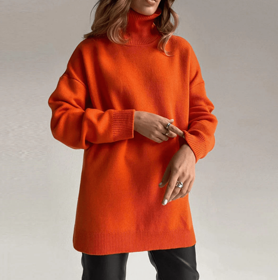 Levoire | Pull tricoté élégant avec fentes latérales pour femmes, sweat-shirt col roulé Orange