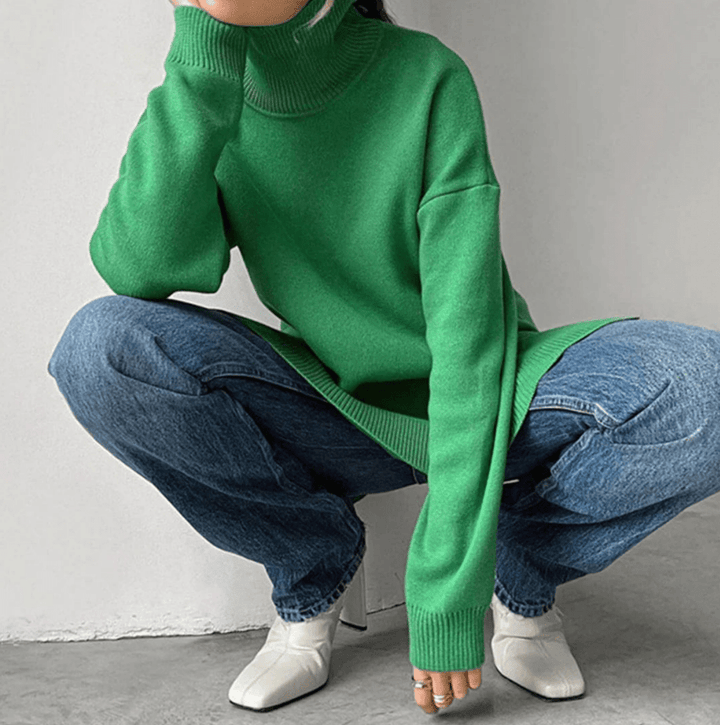 Levoire | Pull tricoté élégant avec fentes latérales pour femmes, sweat-shirt col roulé Vert