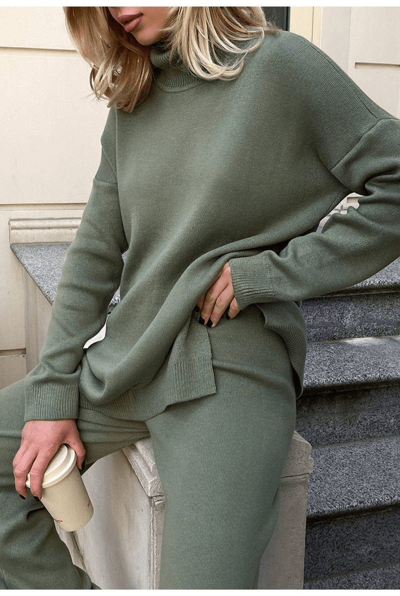 Levoire | Pull tricoté élégant avec fentes latérales pour femmes, sweat-shirt col roulé vert olive