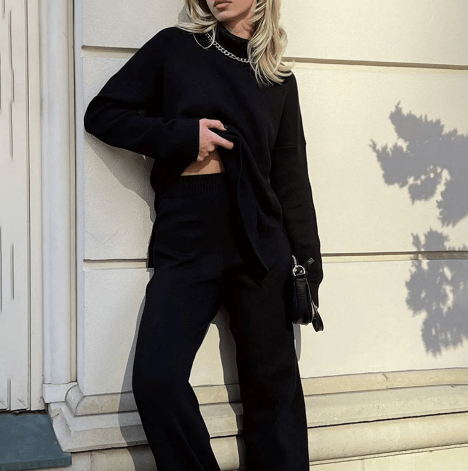 Levoire | Pull tricoté élégant avec fentes latérales pour femmes, sweat-shirt col roulé Noir