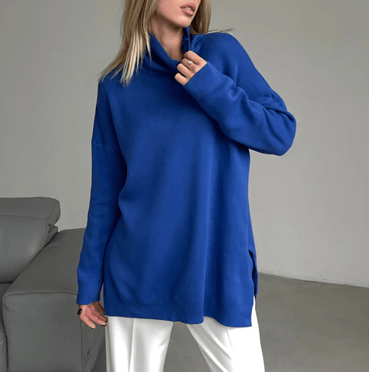 Levoire | Pull tricoté élégant avec fentes latérales pour femmes, sweat-shirt col roulé Bleu