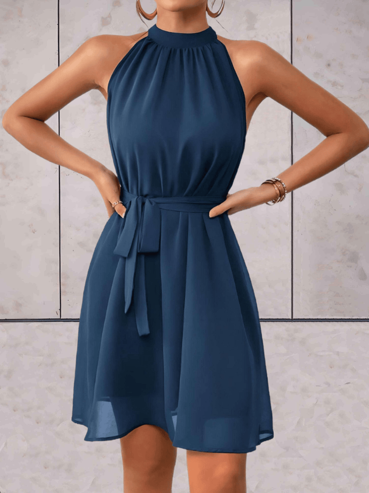 Levoire | Danes Mini Robe Robe sans manches unie avec col rond et ceinture à nouer Bleu