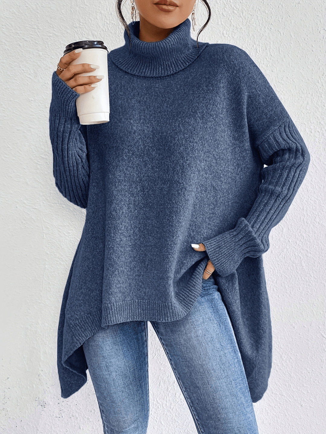 Levoire | Pull à col roulé en coton décontracté pour femmes Pullover Jumper Gilet Bleu