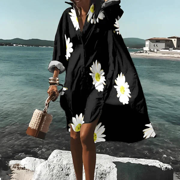 Levoire | Robe Chemise Oversize Avec Imprimé De Tournesols Pour Femmes Noir