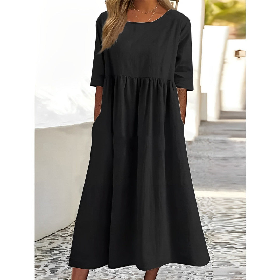 Levoire | Robe Midi Vintage En Coton-Lin Respirant Avec Un Design Plissé Noir