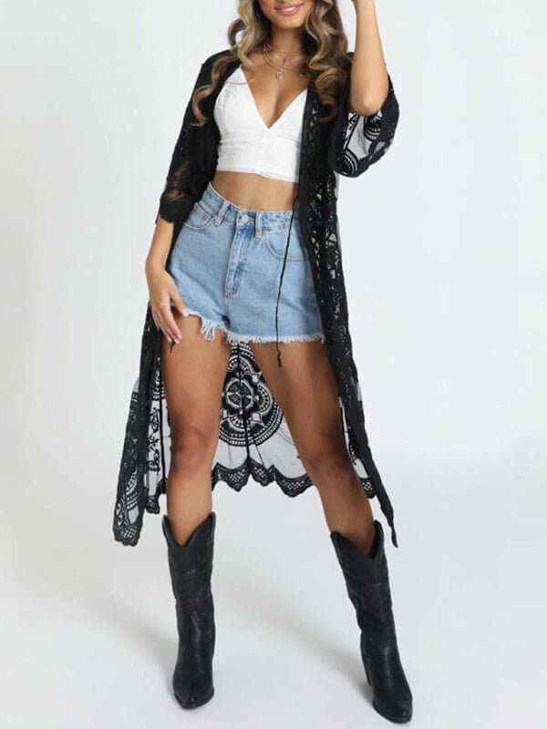 Levoire | Bikini à pointes brodé et cardigan en filet cape de plage