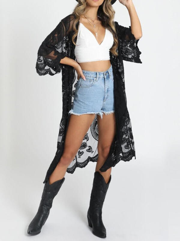 Levoire | Bikini à pointes brodé et cardigan en filet cape de plage