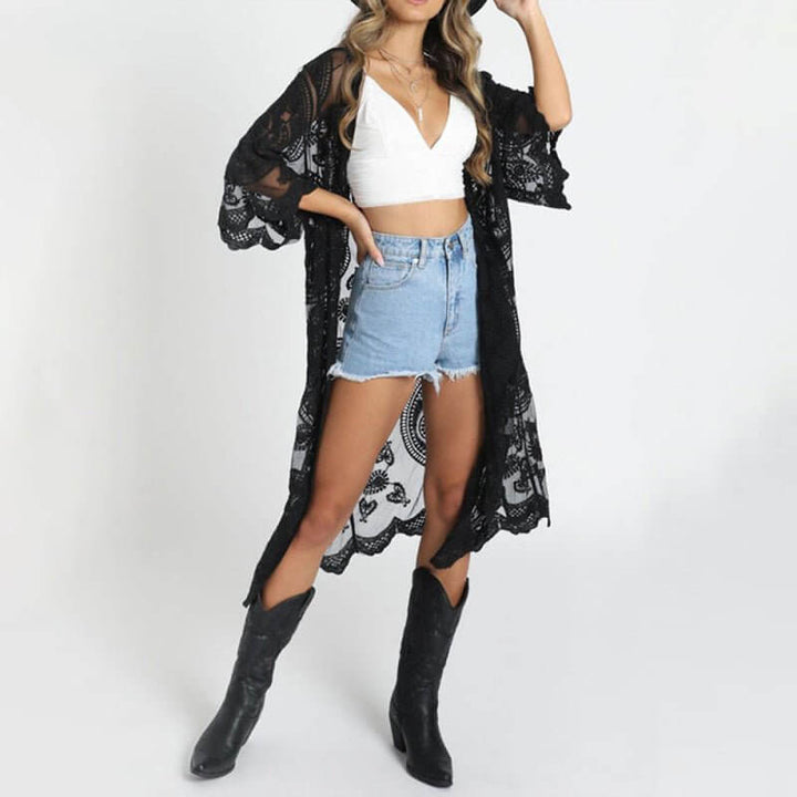 Levoire | Bikini à pointes brodé et cardigan en filet cape de plage Noir F