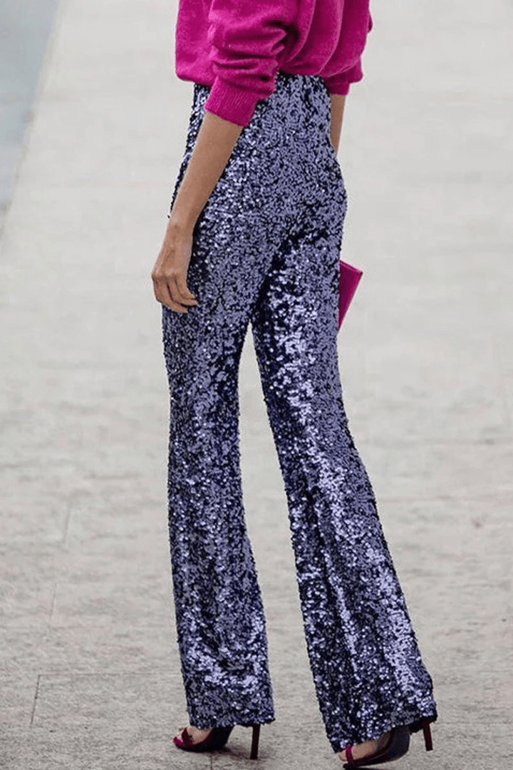 Levoire | Chic automnal taille haute paillettes femmes pantalon évasé Bleu foncé