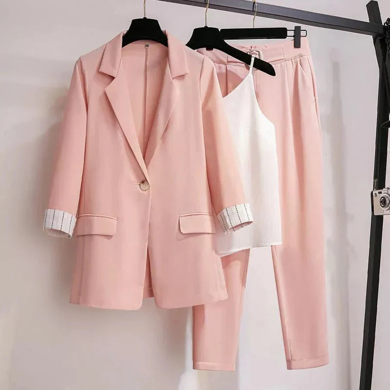 Levoire | Ensemble Élégant 3 Pièces Pour Femmes Blazer, Pantalon Et Haut Rosa