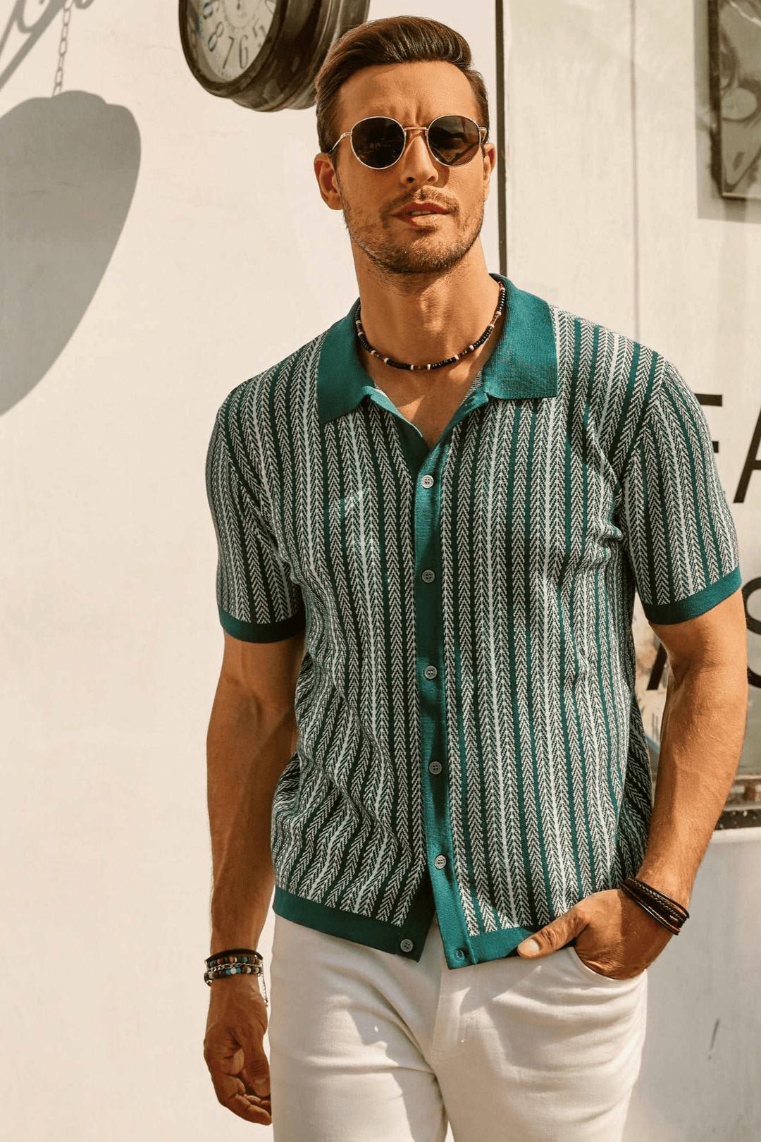 Levoire | Chemise rétro rayée vintage pour homme Vert