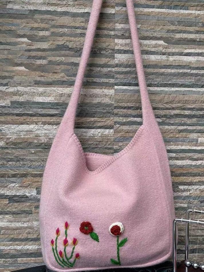 Levoire | Sac De Courses En Tricot Avec Broderie Florale Ethnique Rosa UNE TAILLE