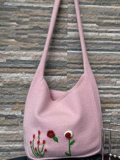 Levoire | Sac De Courses En Tricot Avec Broderie Florale Ethnique Rosa UNE TAILLE