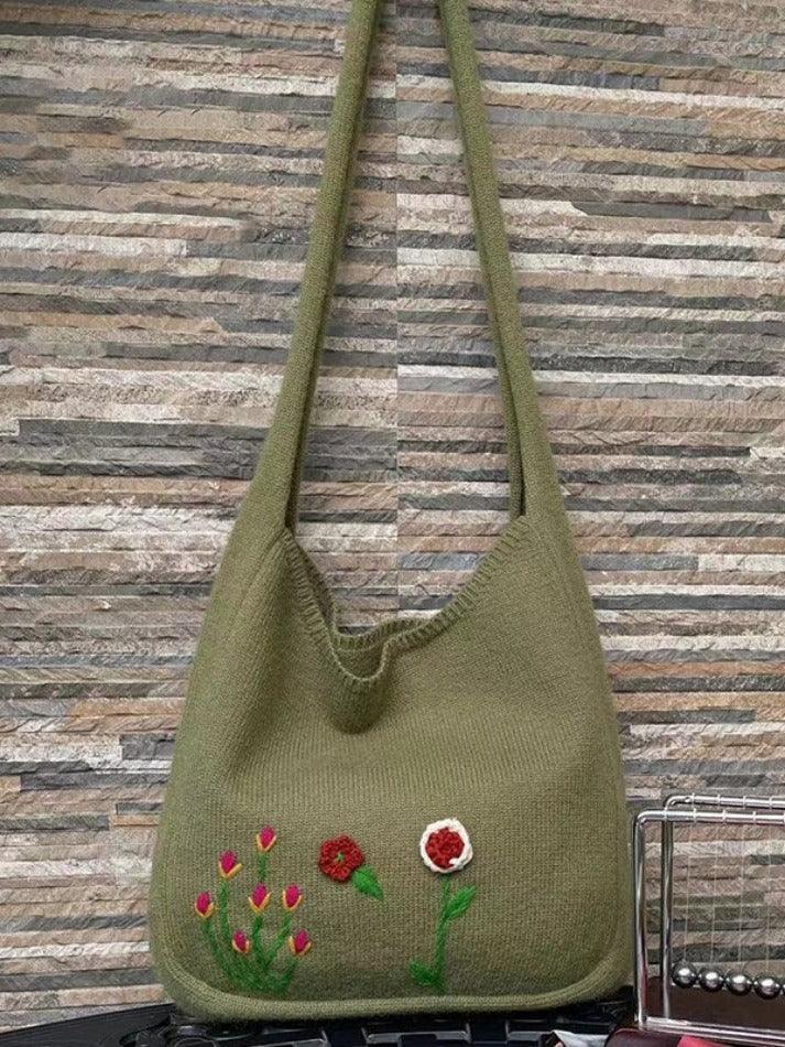 Levoire | Sac De Courses En Tricot Avec Broderie Florale Ethnique Vert UNE TAILLE