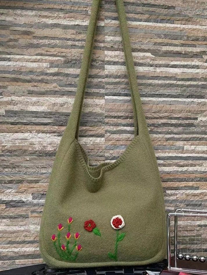 Levoire | Sac De Courses En Tricot Avec Broderie Florale Ethnique Vert UNE TAILLE