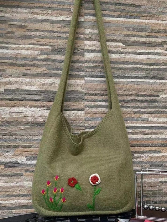 Levoire | Sac De Courses En Tricot Avec Broderie Florale Ethnique Vert UNE TAILLE
