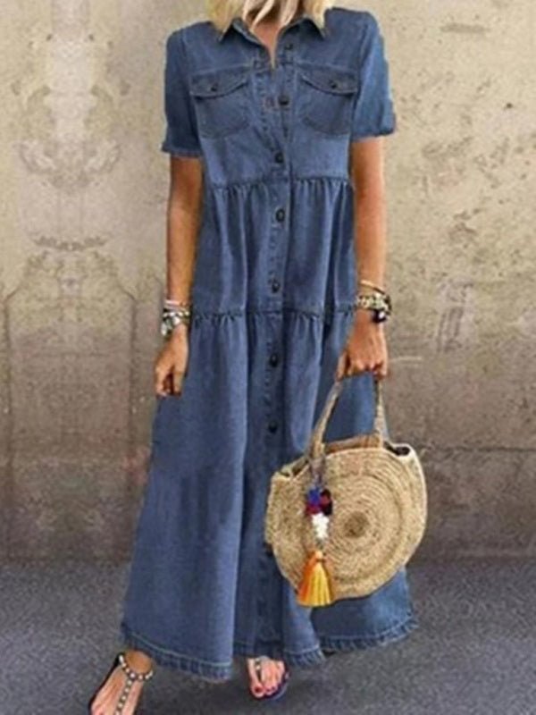 Levoire | Style denim européen et américain robe longue à multiples boutons déchirée Violet-bleu ciel bleu marine