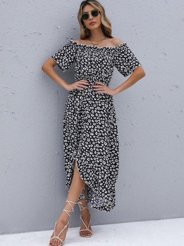Levoire | Robe à une épaule à motifs floraux à manches courtes européenne et américaine Noir