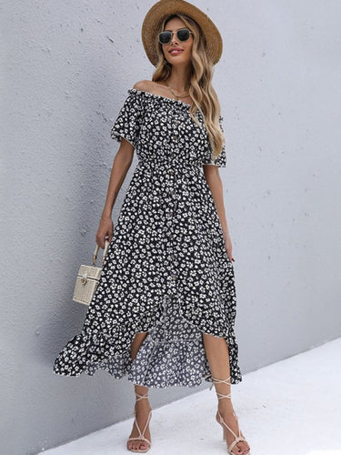 Levoire | Robe à une épaule à motifs floraux à manches courtes européenne et américaine