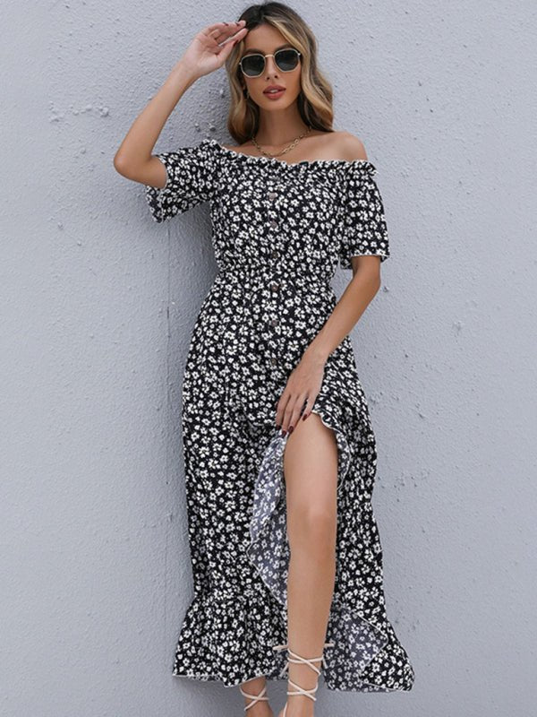 Levoire | Robe à une épaule à motifs floraux à manches courtes européenne et américaine