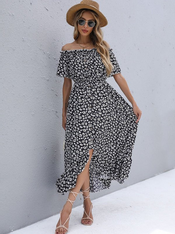 Levoire | Robe à une épaule à motifs floraux à manches courtes européenne et américaine