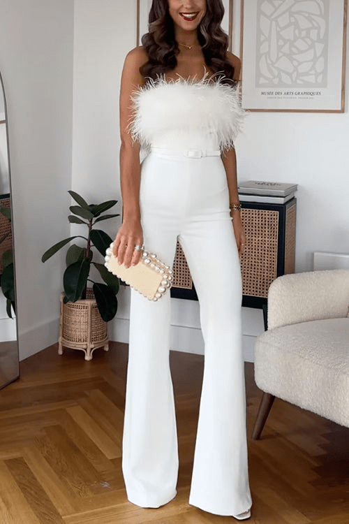 Levoire | Combinaison sans bretelles blanche pour femmes avec pantalons évasés
