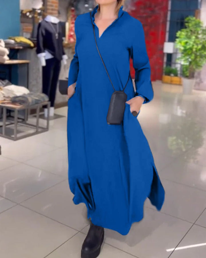 Levoire | Robe Longue Décontractée Avec Revers Et Fente Latérale Bleu