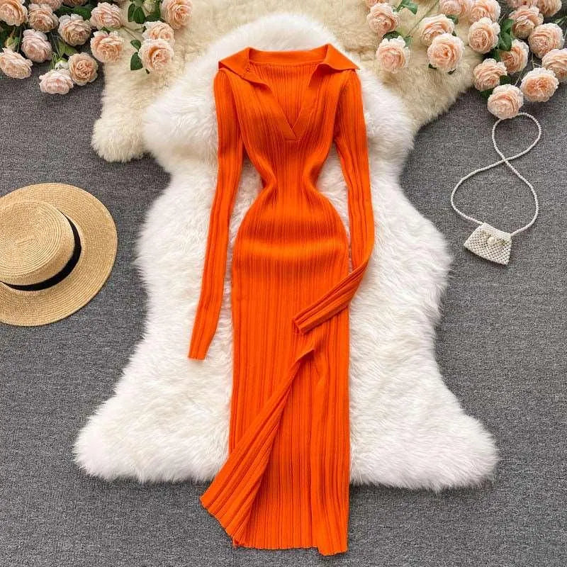 Levoire | Robe à manches longues en tricot extensible Orange Une taille