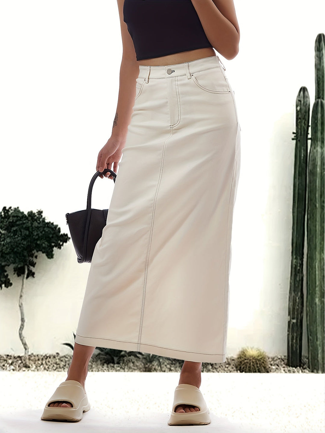 Levoire | Couleur Unie Blanc Fente Arrière Détente Maxi Jean Jupe