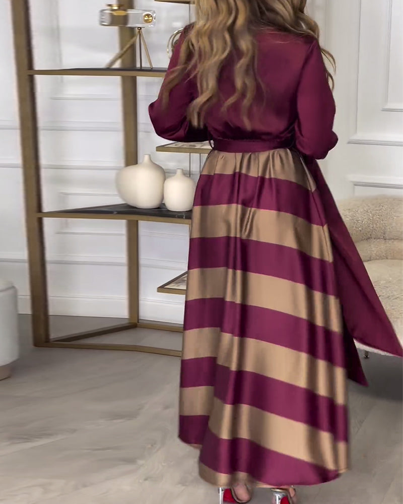 Levoire | Robe Élégante À Rayures Imprimées Avec Revers Et Ceinture